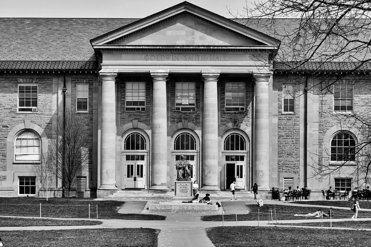 Students outside Goldwin Smith Hall at the Cornell University campus in Ithaca.