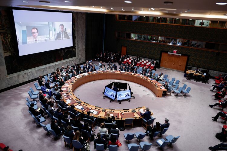 Sam Altman, Dario Amodei and Clement Delangue on screen, during a United Nations Security Council meeting in New York on Sept. 23, 2026.