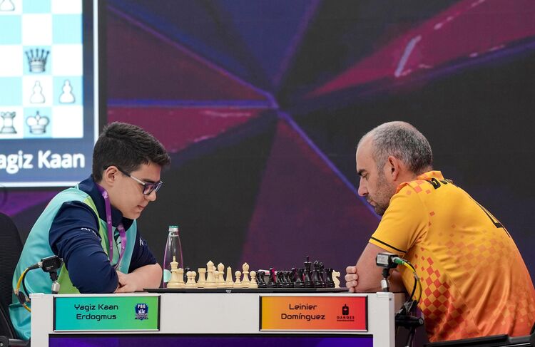PBG Alaskan Knights Grandmaster Yagiz Kaan Erdogmus plays Ganges Grandmasters’ Leinier Dominguez during a Global Chess League match in Bengaluru on Sept. 12.
