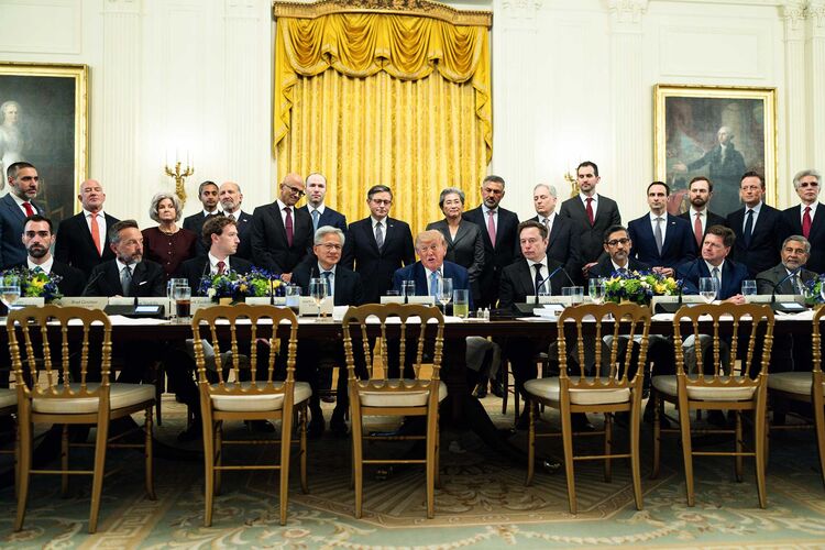 US President Donald Trump, center, speaks during a meeting with tech executives on artificial intelligence in the East Room of the White House in Washington, DC, US, on Tuesday, Sept. 29, 2026. The gathering follows a surge in concern about AI potentially posing a threat to humans.