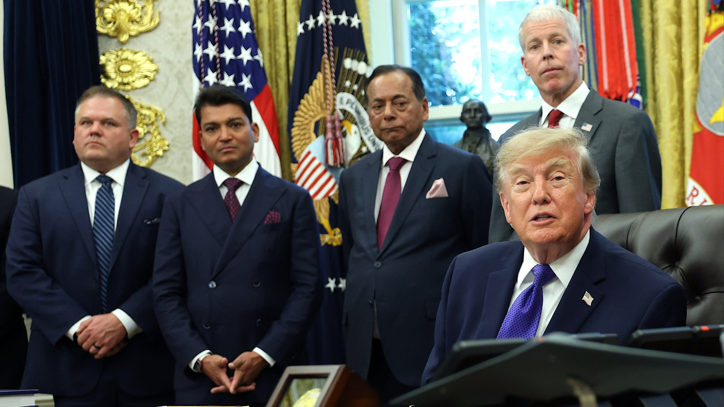 Mesabi Metallics president and CEO Joe Broking, Rewant Ruia, chair of Mesabi Metallics, Ravi Ruia, board member of Mesabi Metallics and director of Essar Capital, and US energy secretary Chris Wright listen as President Donald Trump delivers remarks in the Oval Office at the White House on September 28 2026