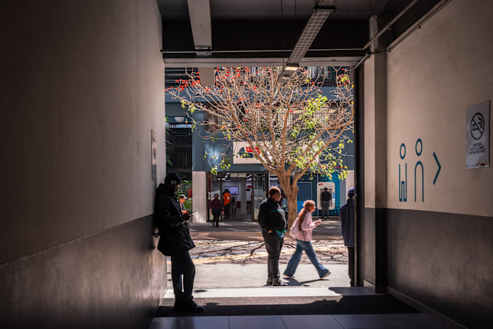 Several people are seen standing and walking outside a Capitec bank at Jewel City, with a tree in the foreground.