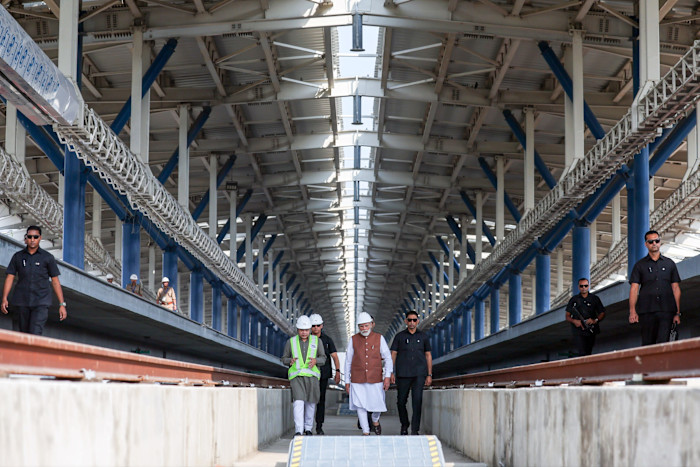 Prime Minister Narendra Modi visits the under-construction Surat bullet train station