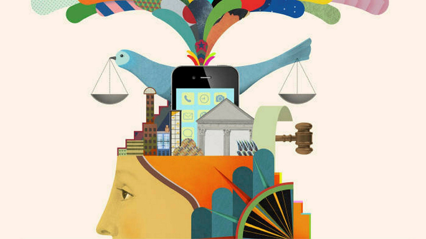 Collage illustration combines a human profile with a smartphone, courthouse, scales of justice, gavel, city buildings and colourful abstract shapes.