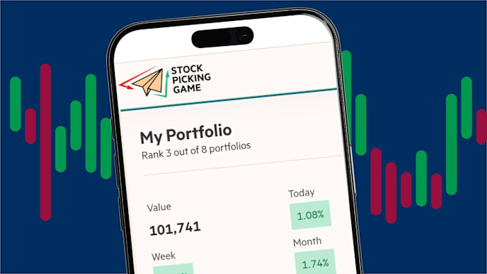 A smartphone screen displays a stockpicking game portfolio summary, showing a portfolio value and rank, with stylised stock chart bars in the background.