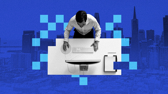 Montage of a city skyline and person at a desk with a computer