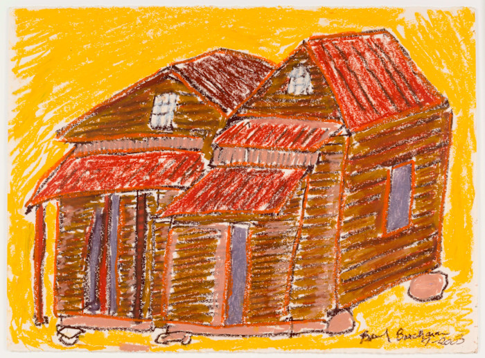 An illustration by Beverly Buchanan showing a brown house with red roofs and white windows against a bright yellow background