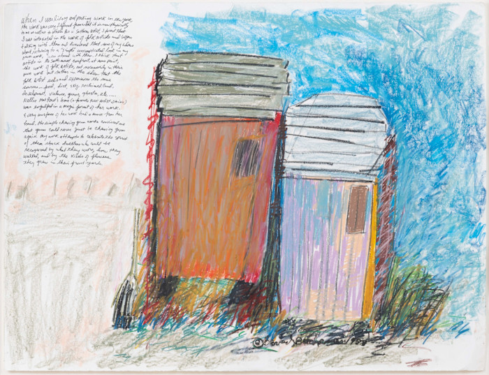 An illustration by Beverly Buchanan showing two colourful, roughly sketched shacks with metal roofs against a vivid blue sky. Handwritten text appears in the upper left corner