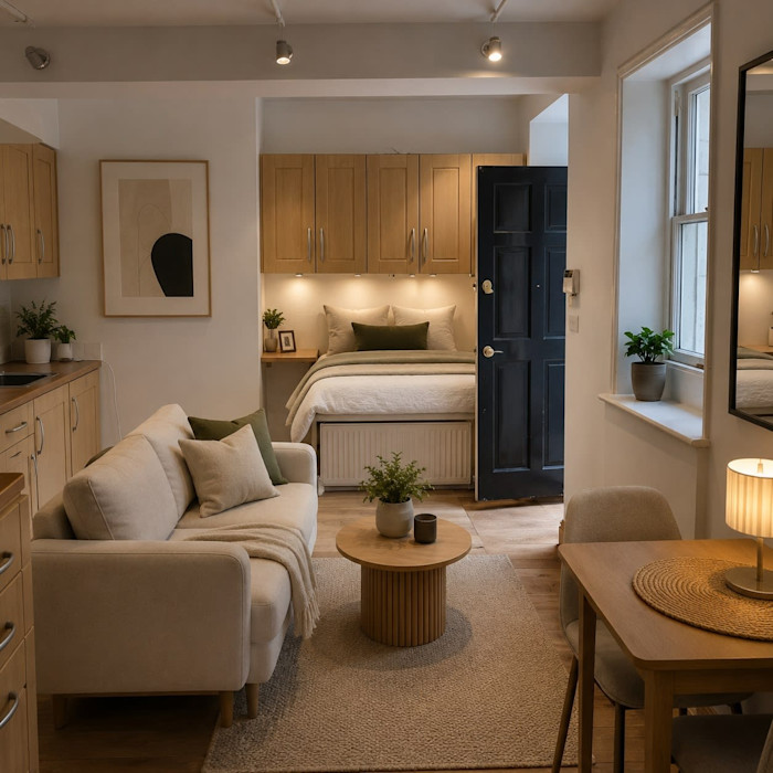 The image shows a cosy, modern studio apartment with light wood cabinetry, a small sofa, a coffee table, a dining table, and a bed.