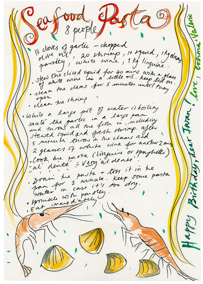 An illustrated recipe page for seafood pasta with handwritten instructions and ingredients, featuring drawings of shrimp and clams. The page is labelled for Iwan, and signed by Cosima Spender and Valerio Bonelli.