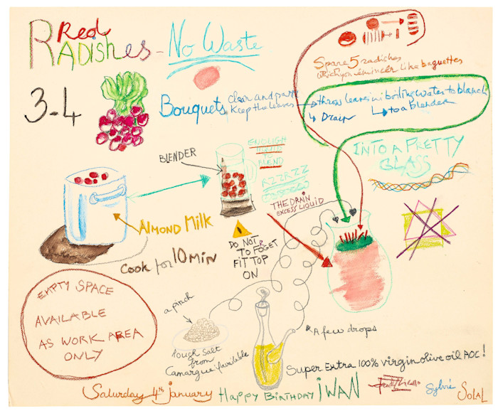 An illustrated recipe page titled "Red Radishes - No Waste" by Claude Picasso, featuring colourful hand-drawn radishes, kitchen tools, and step-by-step instructions for preparing radishes, including notes on blending, blanching, and seasoning, with birthday wishes to Iwan and signatures from Claude, Sylvie, and Solal.