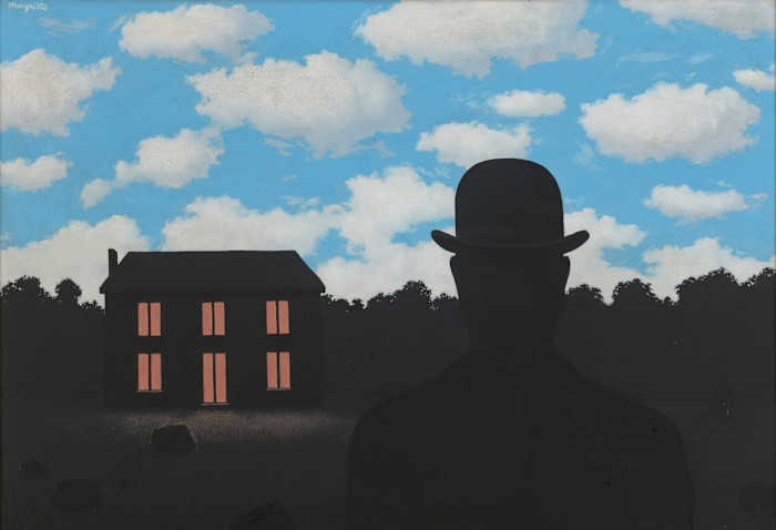 An illustration showing a silhouetted figure in a bowler hat facing a dark house with lit windows beneath a bright daytime sky with clouds.