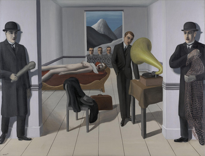 An illustration showing a surreal scene: a man stands by a gramophone, a nude woman lies on a couch with her throat slit, and three men in suits and bowler hats wait with weapons.