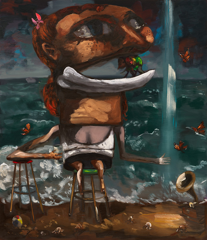 An illustration showing a surreal, large-headed figure with exaggerated features seated at the edge of the sea, surrounded by butterflies and small crabs.