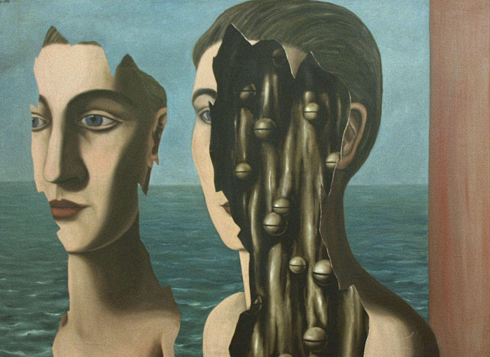 An illustration showing two partially fragmented faces with surreal, hollowed sections revealing metallic spheres inside, set against a seascape background.