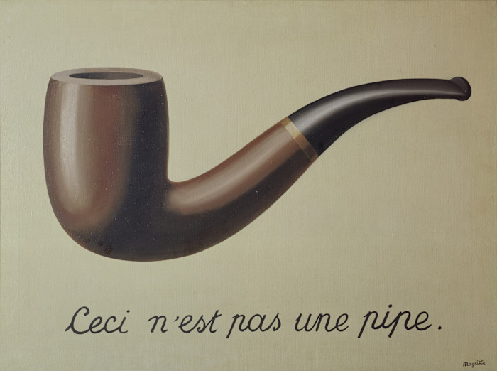 An illustration showing a realistic painted pipe above the French text “Ceci n’est pas une pipe.”