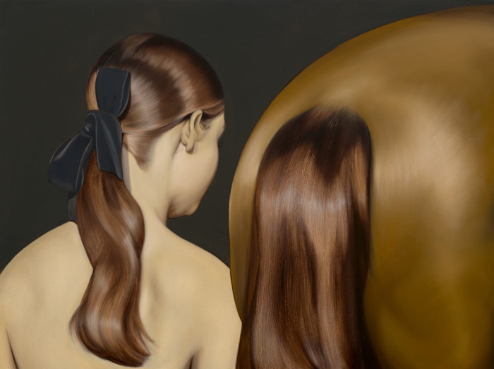 A girl with brown hair in a ponytail and black bow stands beside a pony, both shown from behind with similarly glossy hair.
