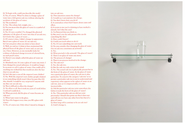 A glass of water placed on a narrow glass shelf mounted to a white wall, part of Michael Craig-Martin's ‘An Oak Tree’
