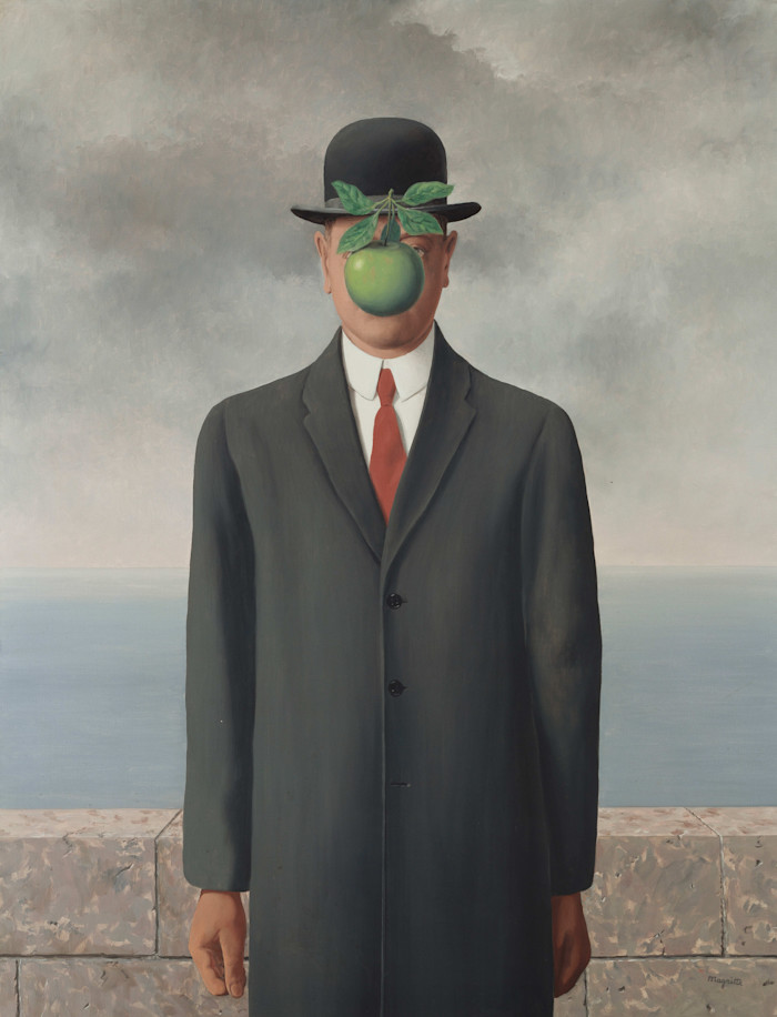 An illustration showing a man in a suit and bowler hat standing by a low wall, his face obscured by a floating green apple.