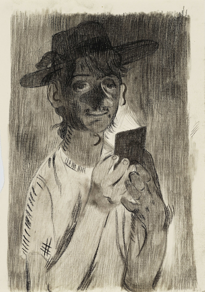 An illustration showing a person in a hat holding a phone and looking at its screen, rendered in charcoal with expressive shading.