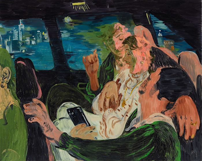 An illustration showing three figures sitting close together in the backseat of a cab at night, city lights visible through the windows.