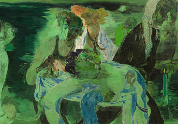 An illustration showing several stylized figures in green and blue tones gathered around a reclining figure, with one person holding a candle.