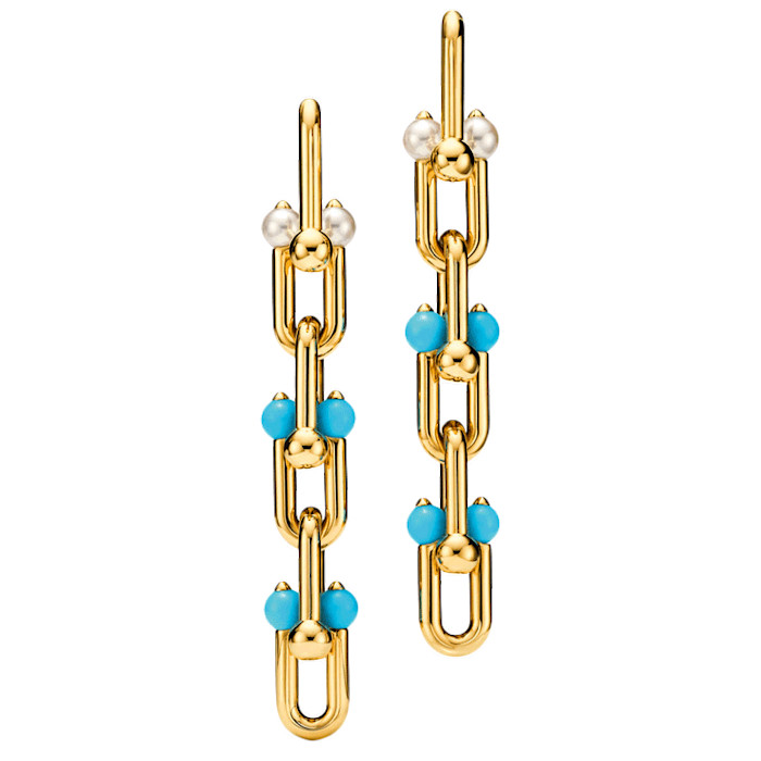Tiffany & Co gold, pearl and turquoise HardWear Link drop earrings