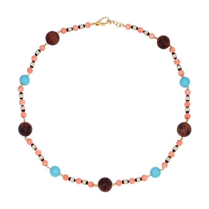 Jenna Blake gold, diamond, coral, turquoise and wood Multi Disco Ball necklace, £13,500