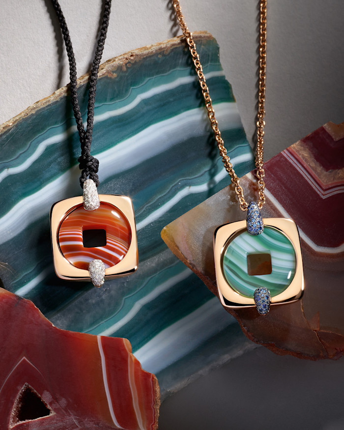 From left: Pomellato rose-gold, diamond and red-banded agate Memorie d’Archivio Moneta Orientale pendant, and sapphire and green-banded agate pendant, both POA