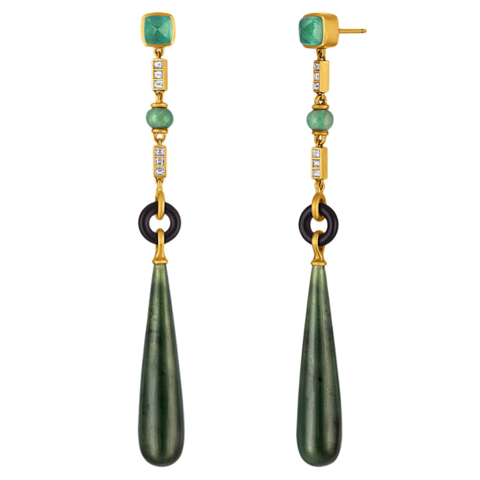 Prounis gold, diamond, emerald, jade and turquoise earrings