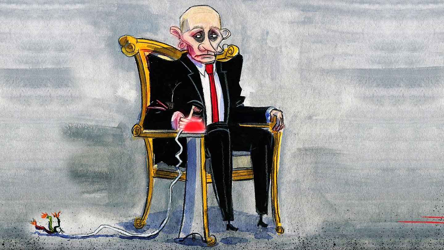 An illustration shows Vladimir Putin sitting on a gold chair with his finger hovering over a glowing red button, looking sombre