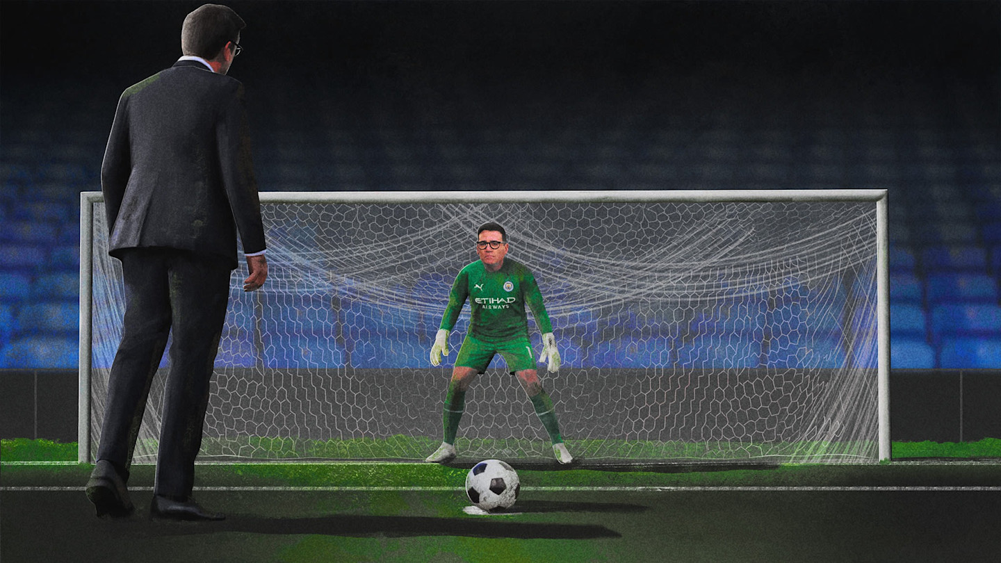 A cartoon of UK Prime Minister Andy Burnham in a suit, preparing to take a penalty kick with UK Prime Minister Andy Burnham in goal