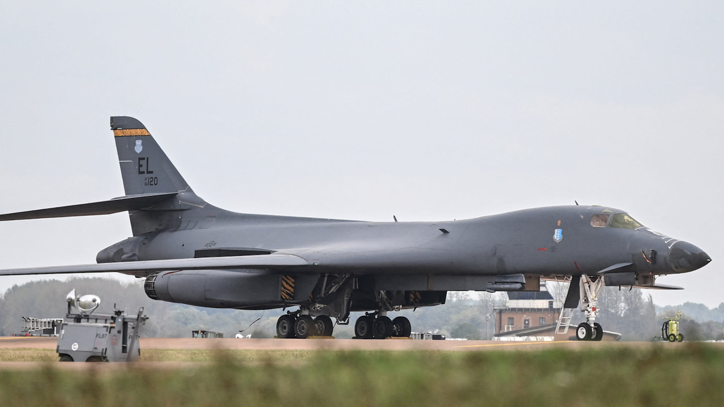 A US Air Force B-1 Lancer bomber parked on the tarmac at RAF Fairford.
