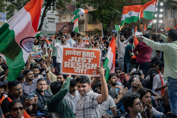 Supporters of the Cockroach Janta Party attend a protest demanding the resignation of India’s chief election commissioner Gyanesh Kumar in Mumbai last week.