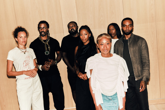 Prempeh (front) with the six designers, from left: Collings-James, Archibong,  Marcus-Bello, Saunders, Akhuetie and Ross