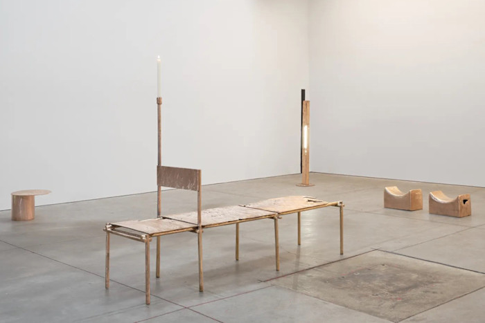 Low Table, Daybed w/ Candleholder, Charcoal Light, and two examples of Headrest, all 2025, by nmbello Studio