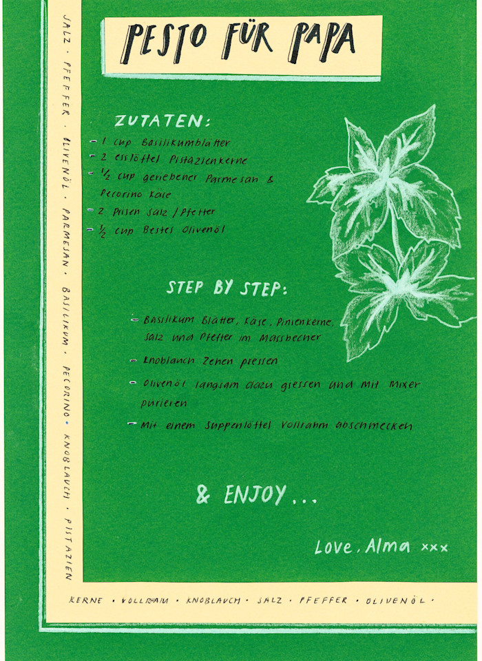 Handwritten recipe page titled "Pesto für Papa" with ingredients and instructions for making pesto, decorated with white basil leaf illustrations.
