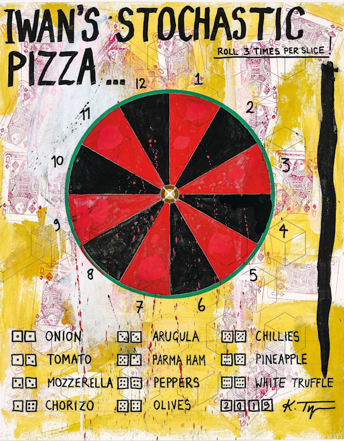 An abstract, colorful illustration by Keith Tyson titled "Iwan's Stochastic Pizza" shows a pizza divided into twelve numbered slices, with instructions to roll dice three times per slice to determine toppings such as onion, arugula, chillies, and white truffle. Dice symbols correspond to a list of twelve toppings at the bottom.