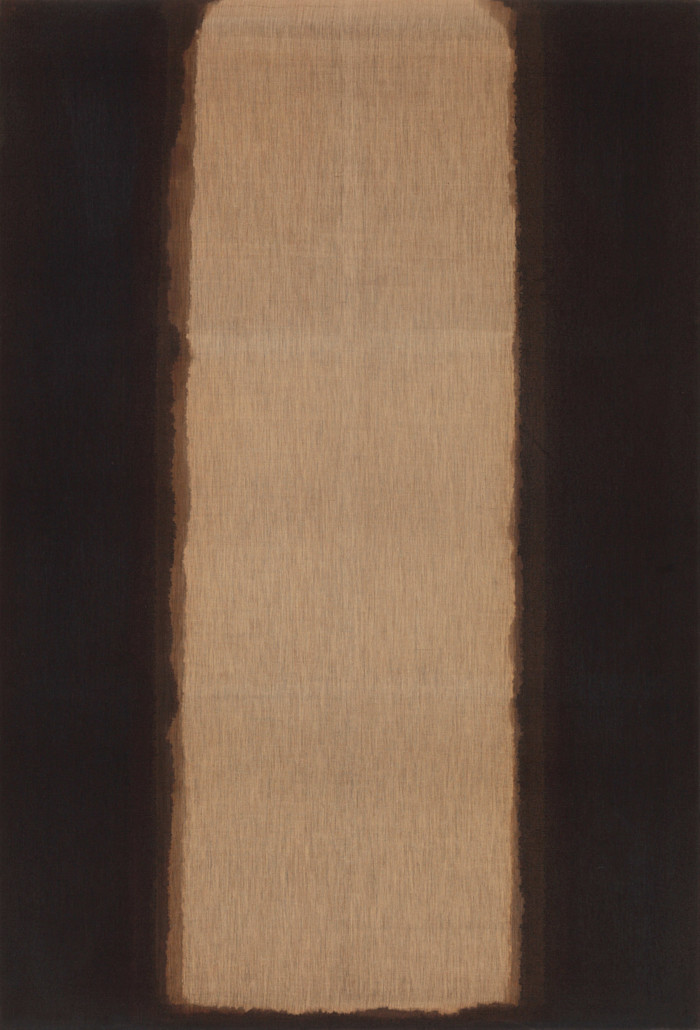 An abstract painting by Yun Hyong-keun featuring a large vertical tan rectangle bordered by deep blue and umber bands.