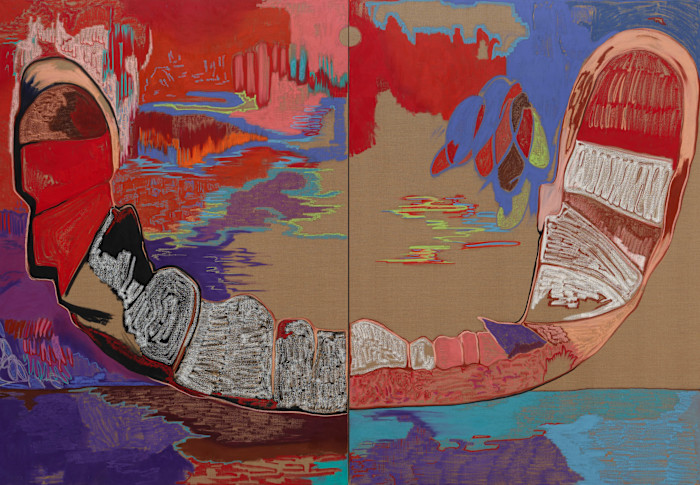 An abstract painting by Rachel Jones featuring sweeping, canyon-like forms in vivid reds, purples, and blues against a tan background.