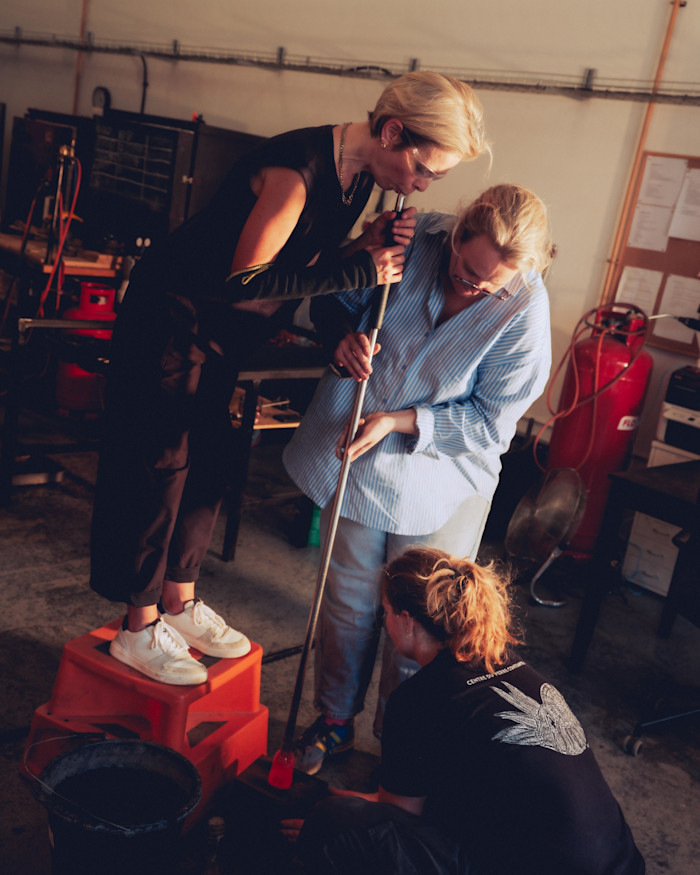 The author (left) with Stubbs (centre) and studio assistant Daisy Parkinson