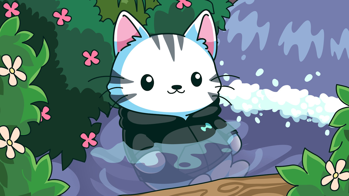 An illustration of Hypurr, the white and grey-striped cat mascot, wearing a black hoodie and sitting in a stream surrounded by flowering bushes.