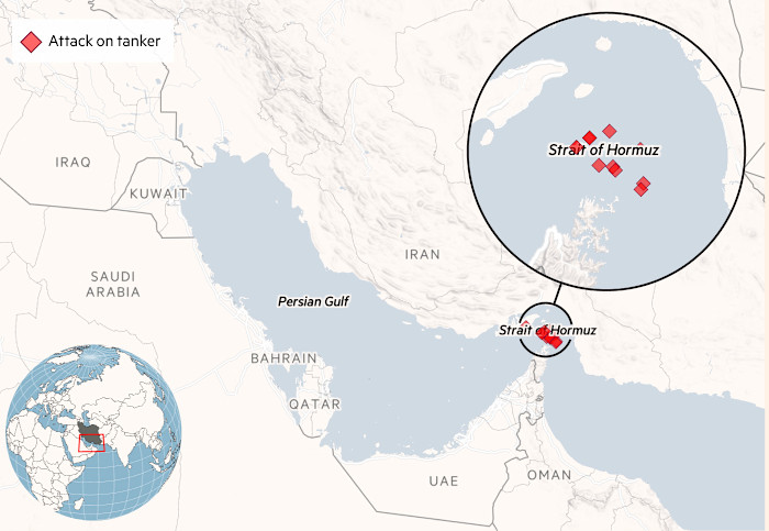 Map of The Gulf showing locations of Iranian attacks on tankers