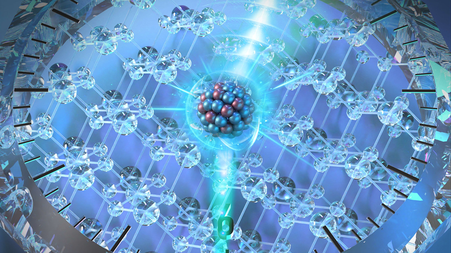 A conceptual illustration of a nuclear clock, featuring a stylised atomic nucleus at the centre, surrounded by a crystalline atomic lattice within a circular clock face marked with hour lines.