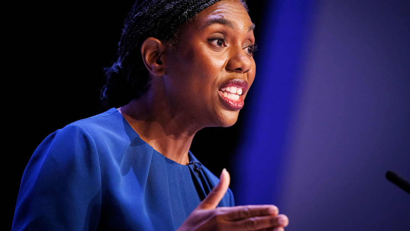 Kemi Badenoch speaks passionately while delivering her keynote speech at the British Conservative Party annual conference.