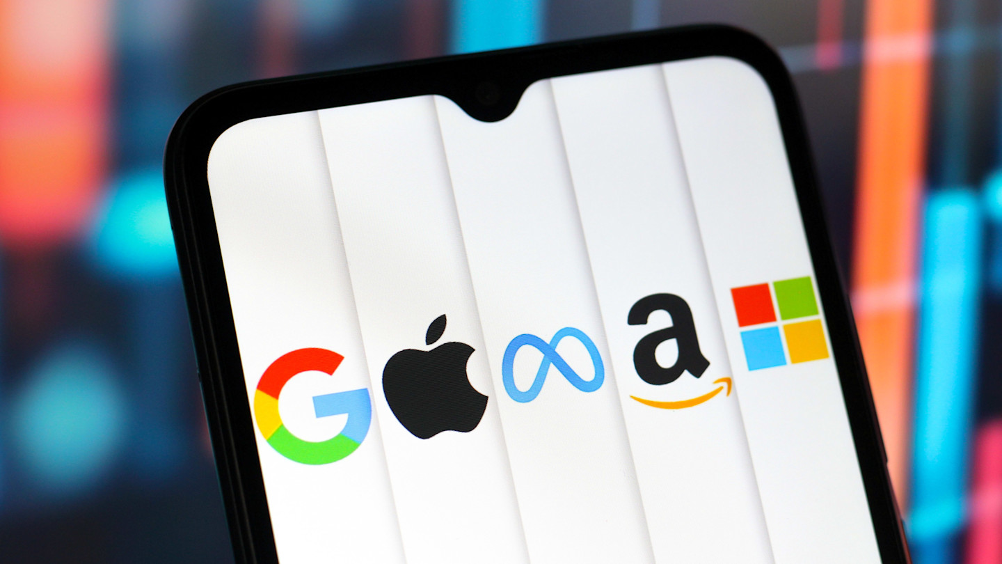 Logos of Google, Apple, Meta, Amazon and Microsoft displayed side by side on a smartphone screen