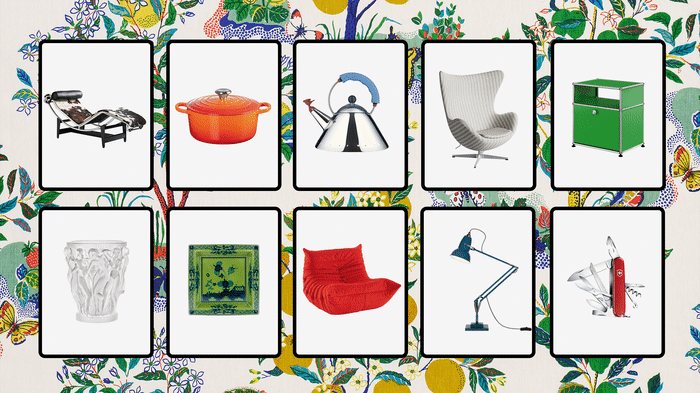 Montage image of 10 squares with animated images of classic designer items, set against a background of colourful wallpaper featuring fruit trees and shrubs
