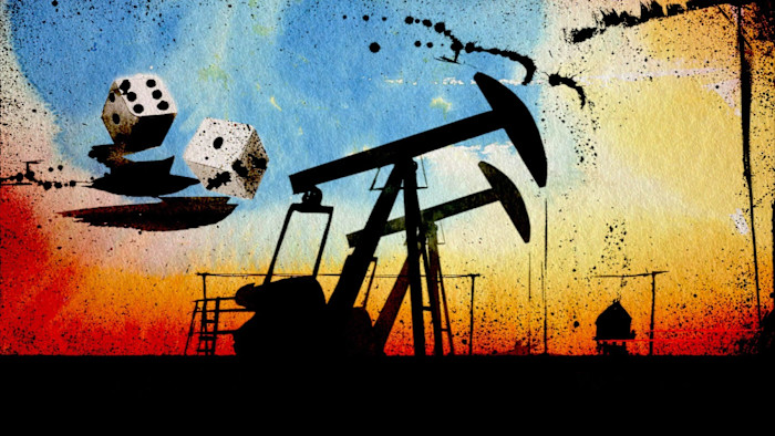 An illustration showing oil derricks in the foreground with rolling dice and splashes of black ink, suggesting financial risk and instability.