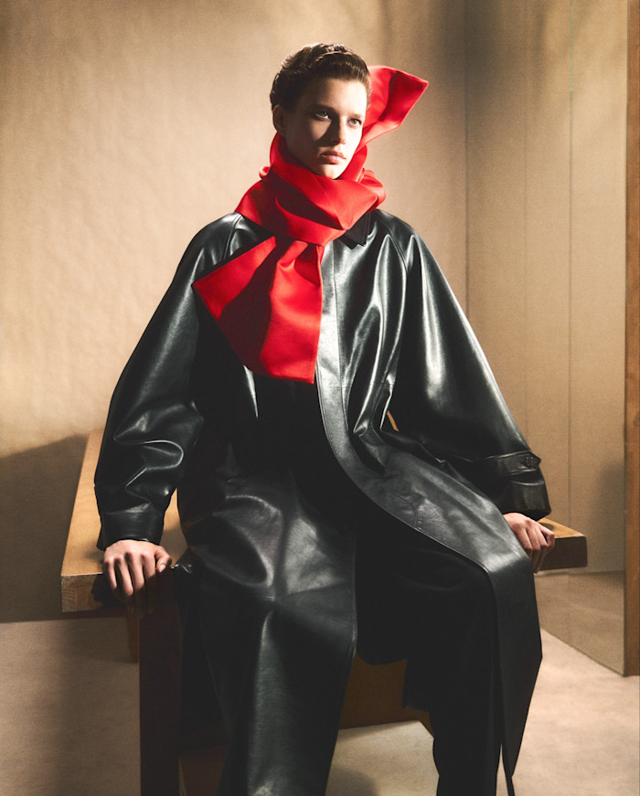 Murray and Waldemar both wear Celine leather mac raglan coats, cotton turtlenecks (just seen), mohair wool trousers and silk satin scarves, all POA