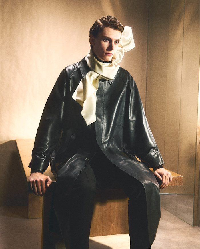 Murray and Waldemar both wear Celine leather mac raglan coats, cotton turtlenecks (just seen), mohair wool trousers and silk satin scarves, all POA